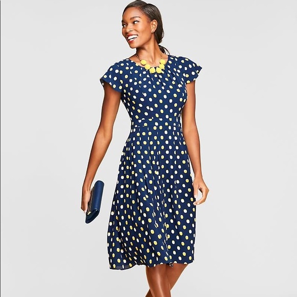 Talbots Dresses & Skirts - Talbots Navy Yellow Polka Dot Fit Flare Dress 391